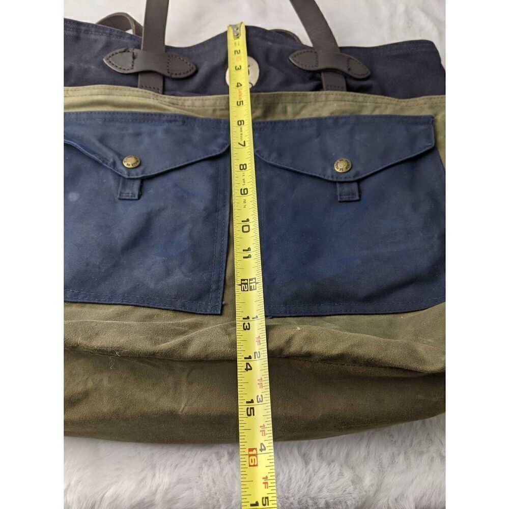 Filson Vintage Two Tone Tote Bag Canvas Green Navy w Pockets **Distressed Stains - Picture 15 of 16